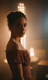 a young woman in a dress looking to the left