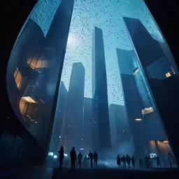the inside of a window with many people standing