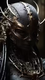 a woman wearing a helmet with horns and a headdress