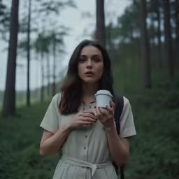 a girl in a field with a cup of coffee