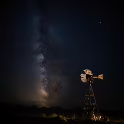 the night sky filled with stars and stars next to a windmill