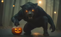a black bear is playing with a pumpkin