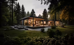 this house is surrounded by greenery and has large windows