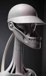 a humanoid robot standing wearing a hat in front of a black background