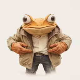 a frog in a coat holds his jacket over his chest