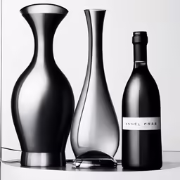 three glass vases next to each other on a shelf