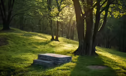 a wooden bench near some trees in the sunlight
