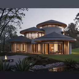 large modern round - shaped house in a private area at night