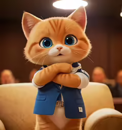 the life - size cartoon cat is dressed in a blue suit