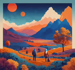 two people walking in an orange, green, and blue landscape,a painting of two people walking on a path through an open countryside