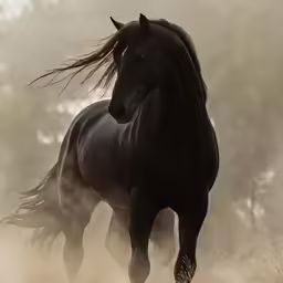 a black horse with long hair runs through the dust