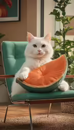 a cat sitting on an outdoor pillow on a green chair