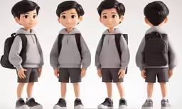 five animation figures of a young person with backpacks