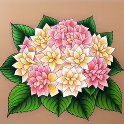 painting of beautiful flowers with green leaves,a painting of some pretty flowers and green leaves