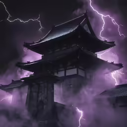 the tower has lightning strikes above it and behind it