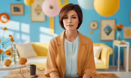 a woman sits on a stool in a brightly colored room