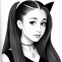 a woman with long hair and black dress wearing cat ears