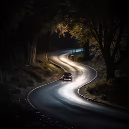 a car at dusk driving on a winding road