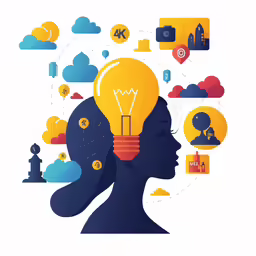 the image depicts an electric light bulb and various icons surrounding it