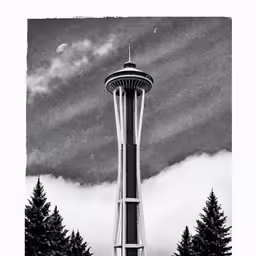 a tall tower with trees in front of it
