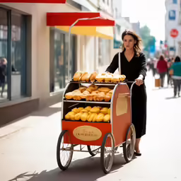 a woman pushing a cart filled with pastries on the sidewalk