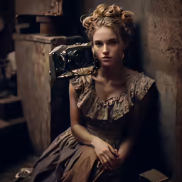 a woman in an old fashioned dress with her camera