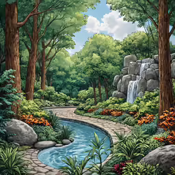 a painting of a rocky river running through trees