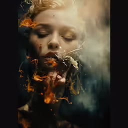 a woman wearing gold smoke, blowing a bunch of flames