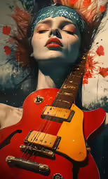 a woman with red hair and her face behind a guitar