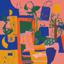 an abstract painting with blue and orange colors,a painting with many colors and shapes