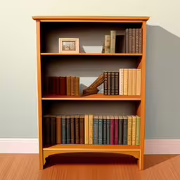a very tall bookcase with several books in it,a set of three bookshelves on a wood floor,this is a photo of a bookshelf and a wooden floor,there are several books on the shelf with the frames,there is a bookcase with many books on it