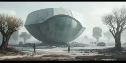 an alien ship floating in a dry forest
