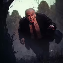 a man is running through the forest wearing a dark suit
