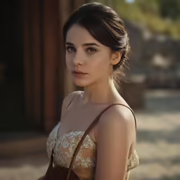 young lady in beige and tan dress posing for camera