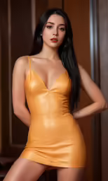 the model is posing wearing an orange leather dress