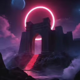 an artistic fantasy scene with a surreal structure and stairs to heaven