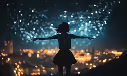 a silhouette of a young girl looking out at a nighttime city