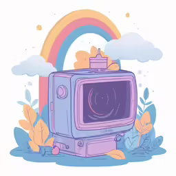 a retro - styled tv with a rainbow in the background