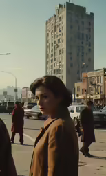 a woman on the sidewalk in a city