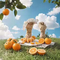 a person in oranges, one has his hands on the ground