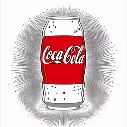 the poster features an advertisement for a cola pop up,a can of coca cola is shown in an engraving style,a close up of a soda can on a white background,a poster with a picture of a can of coca cola,a stylized drawing of a can of coca cola