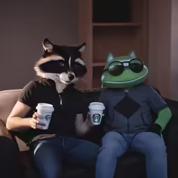 a person in a raccoon costume is sitting with a coffee cup and a fake creature