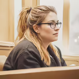 a woman with glasses looking off in the distance