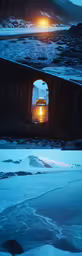 a tunnel with ice melting from inside during night