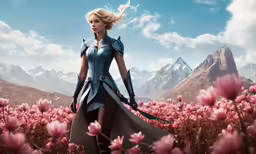 a woman with a sword standing in a field of flowers