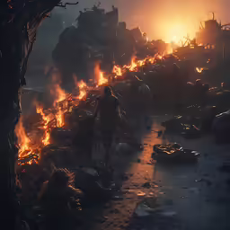 a fire burning at night in a pile of rubble
