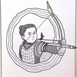a girl with bow aiming with a arrow,a drawing of a woman shooting a bow