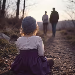 a young girl sitting on the ground looking at an older man