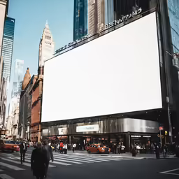 people walking by an empty billboard in a big city