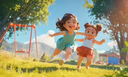 the animated characters run along on the grass